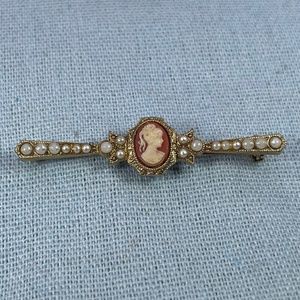 Vintage 1928 Victorian Revival Cameo & Seed Pearl Bar Brooch Pin